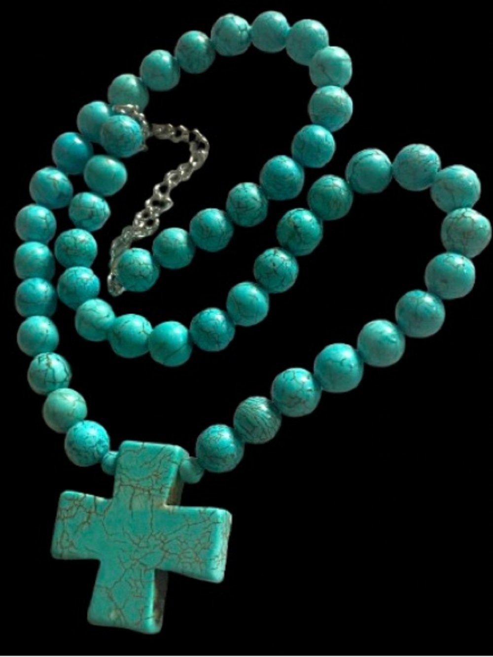 Blue Turquoise Howlite Beaded Cross Necklace Chocker Southwestern Style 20”